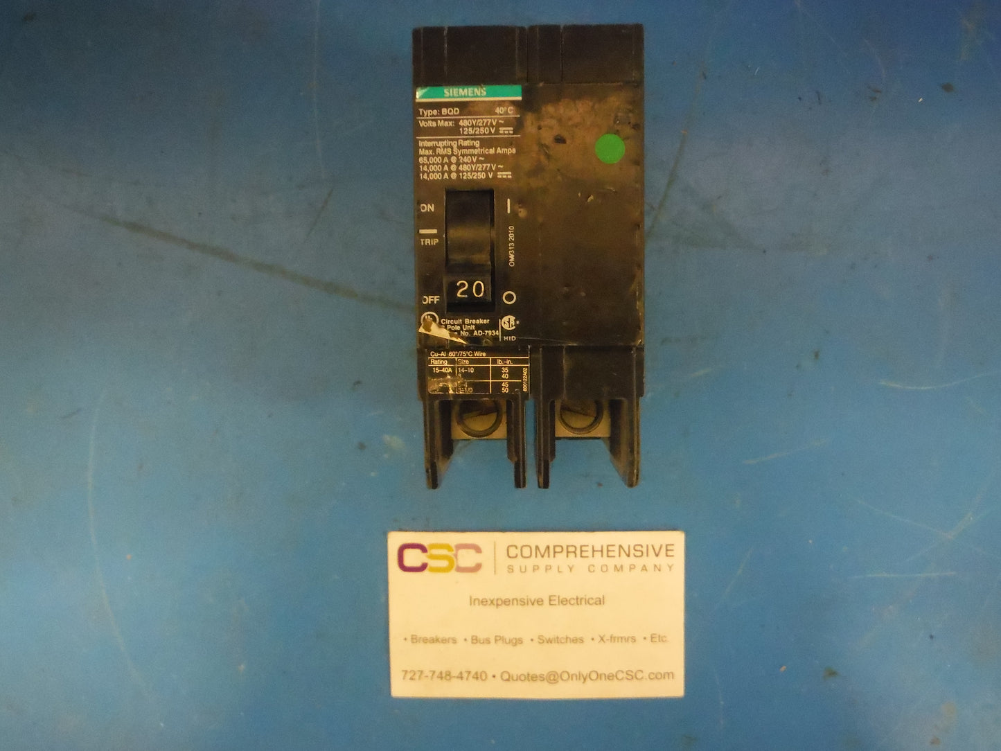 BQD220 - Siemens 20A Amp 2P Pole 14kA@480Y/277V Bolt On Black Circuit Breaker