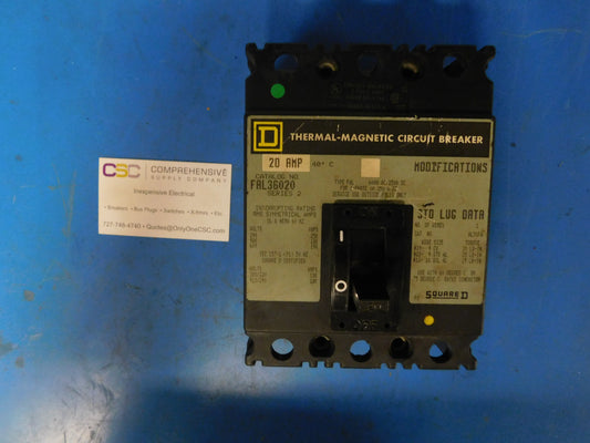 FAL36020 - Square D 20A Amp 3P Pole 600V 18kA@480V Bolt On Circuit Breaker W/Gray Label
