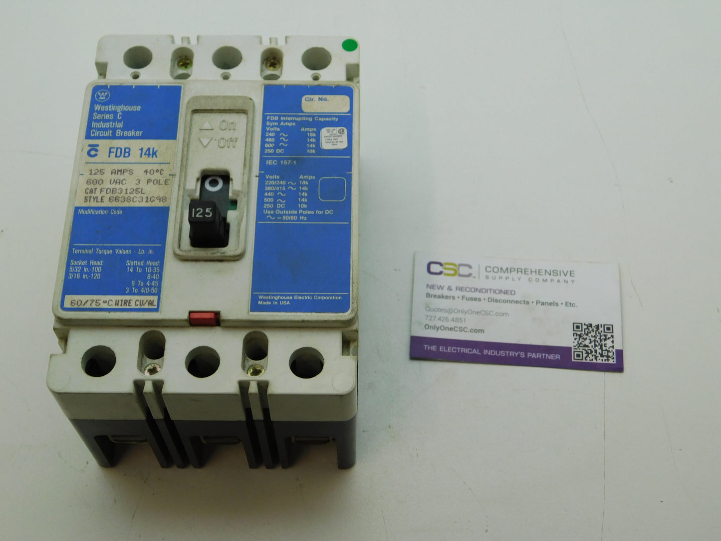FDB3125L - Westinghouse 125A Amp 3P Pole 600V 14kA@480V Bolt On Circuit Breaker W/ Blue Label
