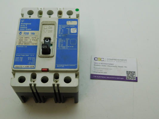 FDB3125L - Westinghouse 125A Amp 3P Pole 600V 14kA@480V Bolt On Circuit Breaker W/ Blue Label