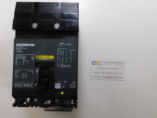 FH36020 - Square D 20A Amp 3P Pole 600V 25kA@480V I-Line Plug On Circuit Breaker/ W/Green Label