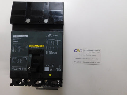 FH36020 - Square D 20A Amp 3P Pole 600V 25kA@480V I-Line Plug On Circuit Breaker/ W/Green Label