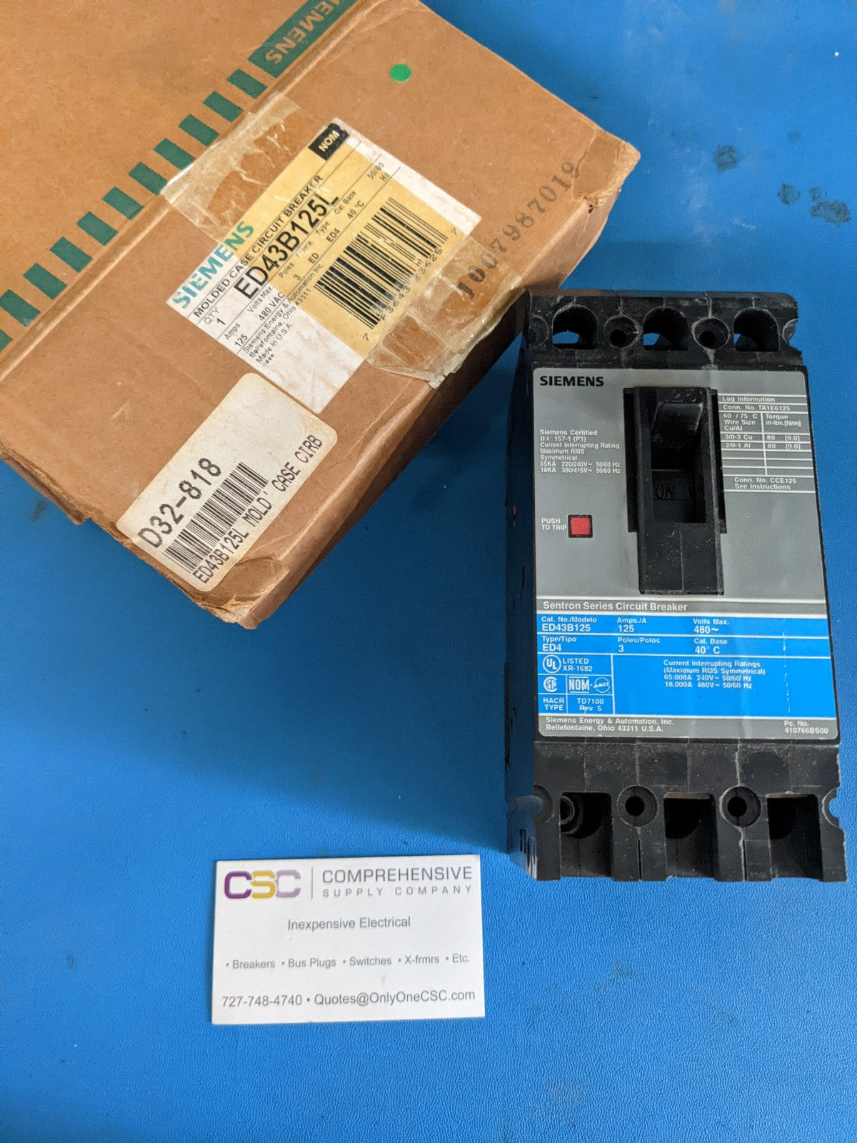 ED43B125L - Siemens 125A Amp 3P Pole 18kA@480V Feed Through Circuit Breaker