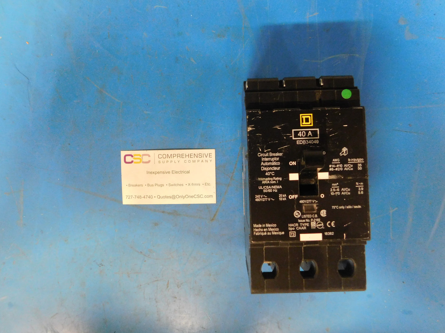 EDB34040 - Square D 40A Amp 3P Pole 18kA@480Y/277V Bolt On Circuit Breaker
