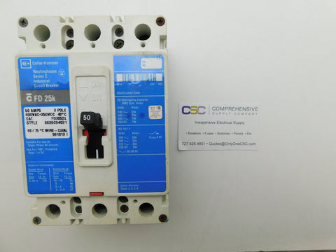 FD3050L - Cutler Hammer 50A Amp 3P Pole 600V 25kA@480V Bolt On Circuit Breaker W/Blue Label & Lugs