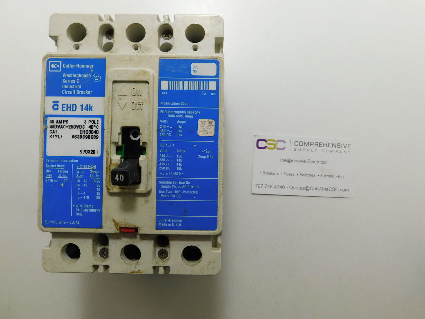 EHD3040 - Cutler Hammer 40A Amp 3P Pole 14kA@480V Feed Through Circuit Breaker W/Blue Label