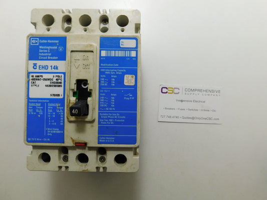EHD3040 - Cutler Hammer 40A Amp 3P Pole 14kA@480V Feed Through Circuit Breaker W/Blue Label
