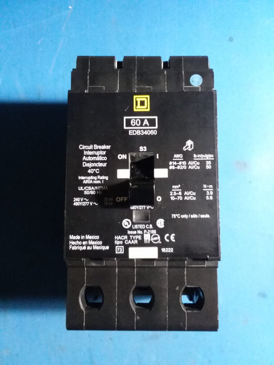 EDB34060 - Square D 60A Amp 3P Pole 18kA@480Y/277V Bolt On Circuit Breaker
