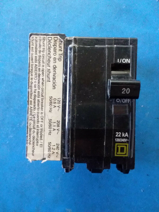 QOB220VH1021 - Square D 20A Amp 2P Pole 22kA@120/240V Bolt On Circuit Breaker W/120/240V Shunt Trip