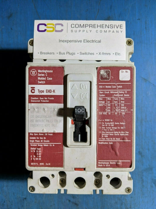EHD3100KLD08 - Westinghouse 100A Amp 3P Pole 14kA@480V Feed Through Circuit Breaker W/Red Label - Older Series