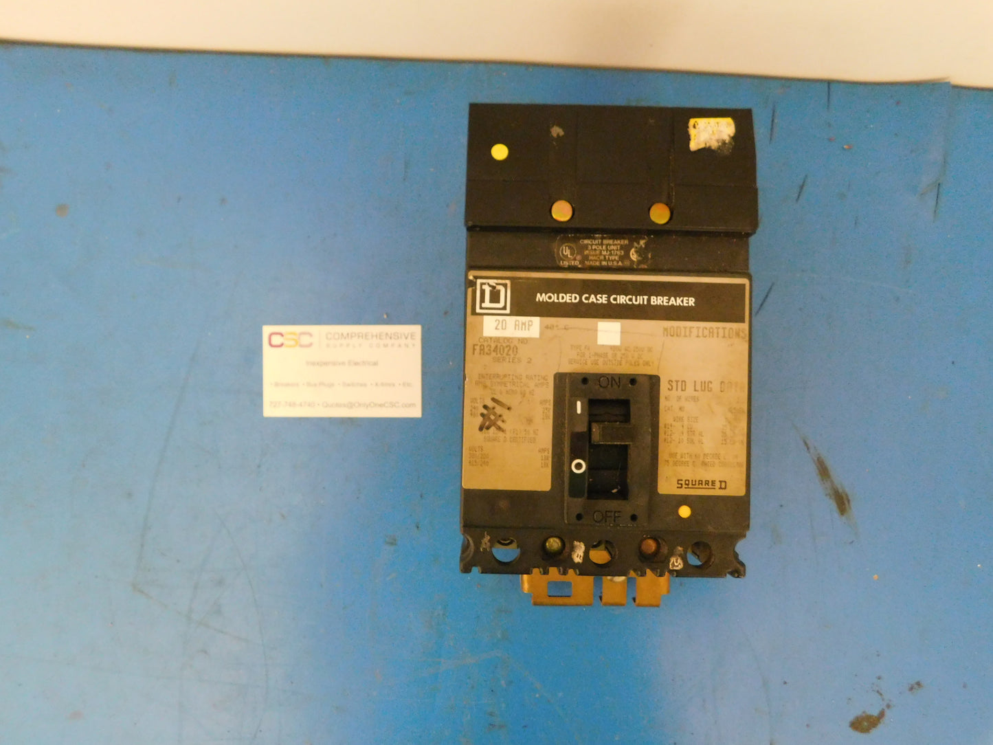 FA34020 - Square D 20A Amp 3P Pole 18kA@480V I-Line Plug On Circuit Breaker W/Gray Label
