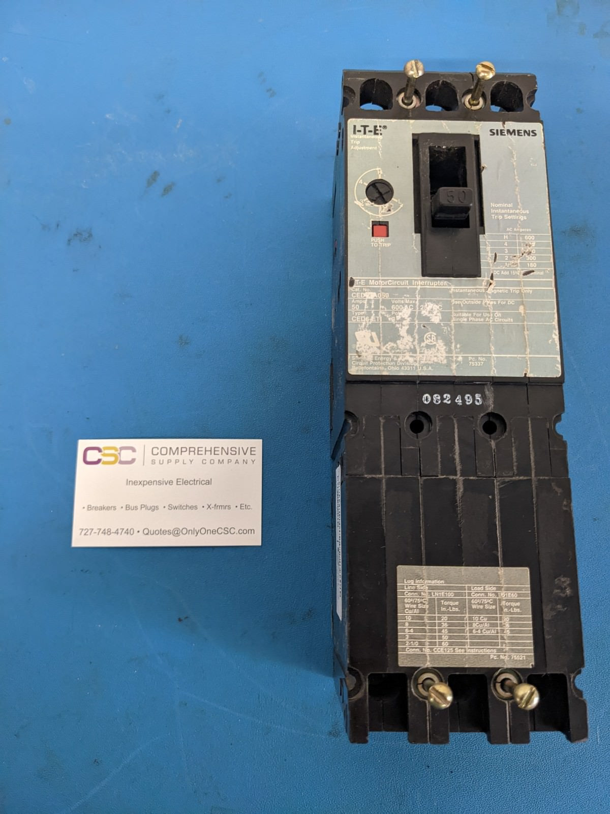 CED63A050 - Siemens 50A Amp 3P Pole 600V 200kA@480V Bolt On Circuit Breaker W/Gray Label
