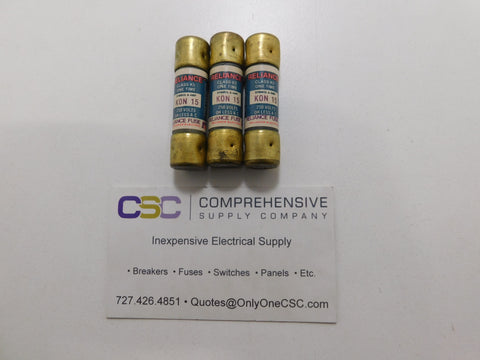 KON15 - Reliance 15A Amp 250V Class K5 One-Time Cartridge Fuse - 3 Pack & Orginal Series