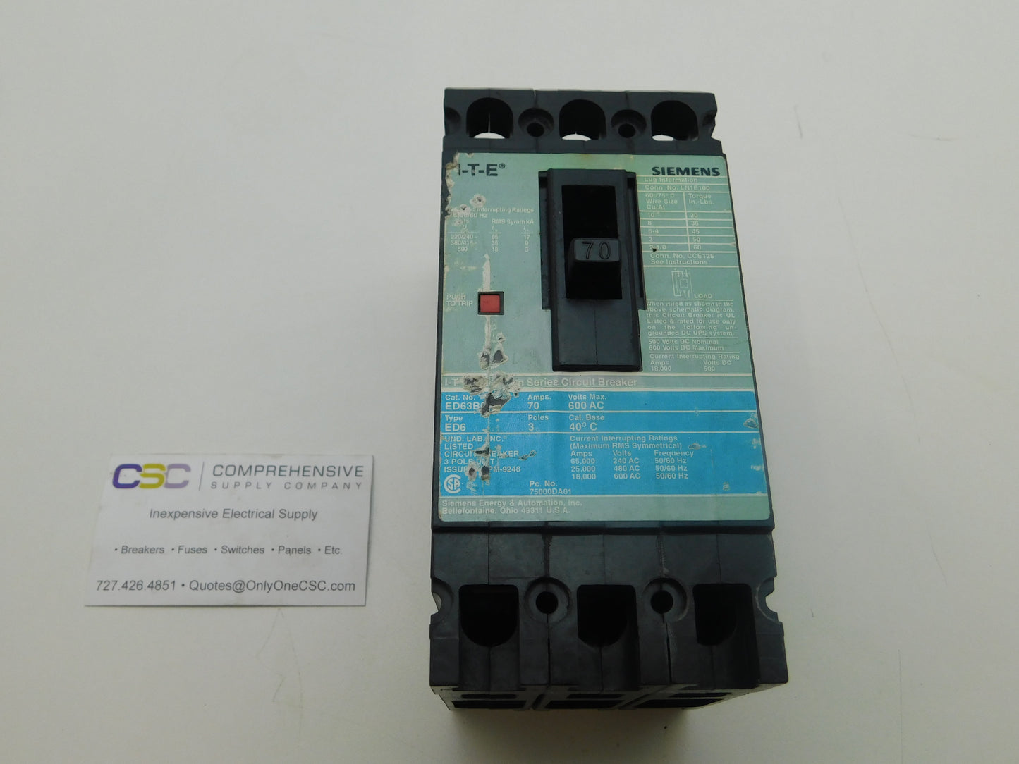 ED63B070 - Siemens 70A Amp 3P Pole 600V 25kA@480V Feed Through Circuit Breaker W/Green Label