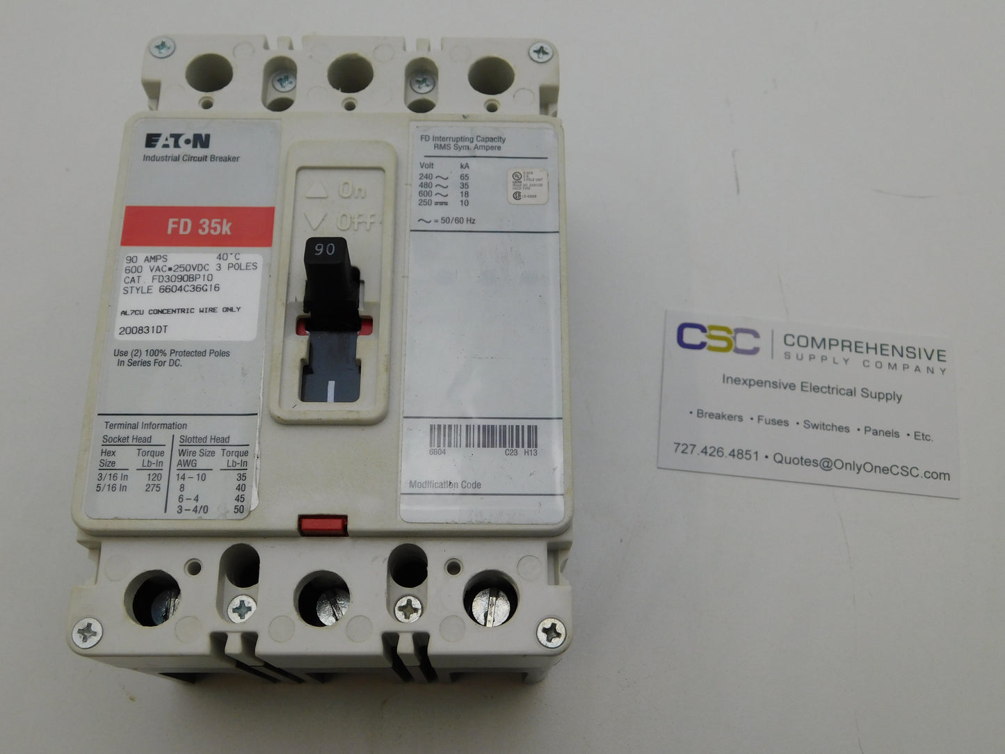 FD3090 - Eaton 90A Amp 3P Pole 600V 35kA@480V Bolt On Circuit Breaker W/Red Label