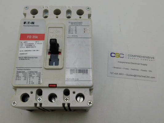 FD3090 - Eaton 90A Amp 3P Pole 600V 35kA@480V Bolt On Circuit Breaker W/Red Label