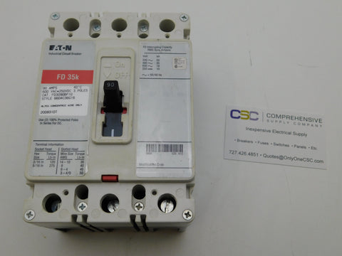 FD3090 - Eaton 90A Amp 3P Pole 600V 35kA@480V Bolt On Circuit Breaker W/Red Label