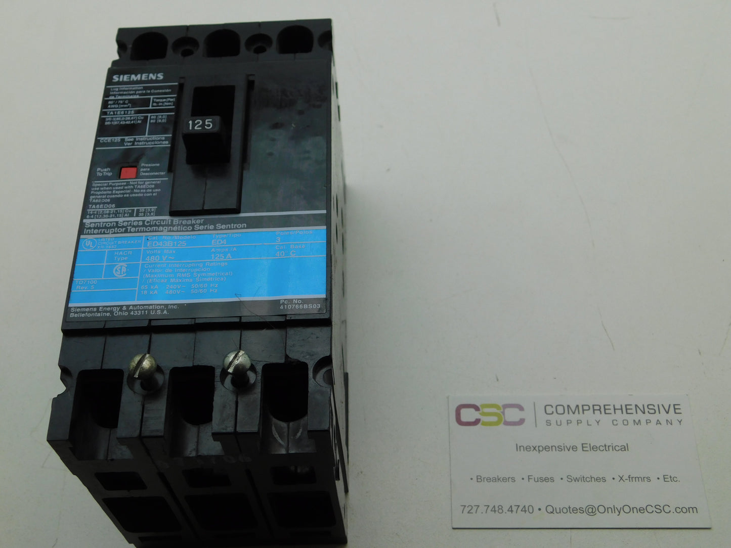 ED43B125 - Siemens 125A Amp 3P Pole 18kA@480V Feed Through Circuit Breaker W/Black Label