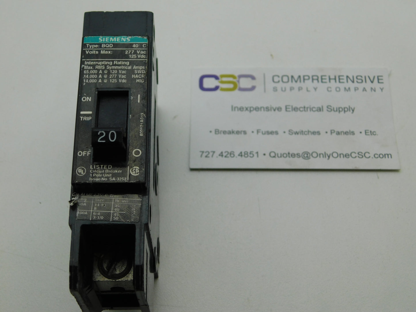 BQD120 - Siemens 20A Amp 1P Pole 120/277V 14kA@277V Bolt On Circuit Breaker