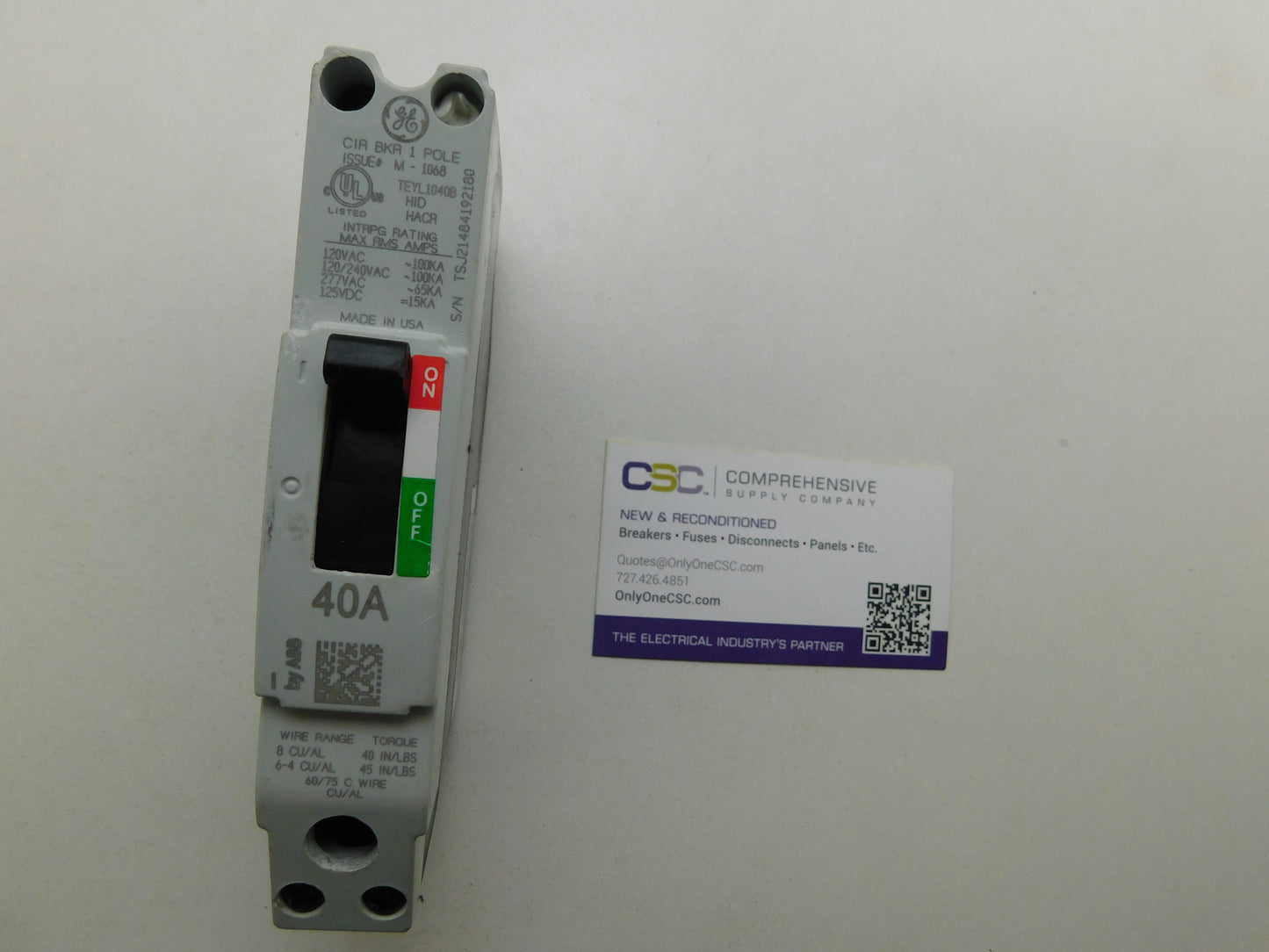 TEYL1040B - GE 40A Amp 1P Pole 65kA@277V Bolt On Circuit Breaker