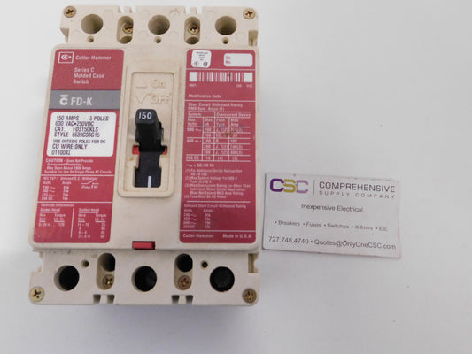 FD3150KLS - Eaton 150A Amp 3P Pole 600V 25kA@480V Bolt On Circuit Breaker Switch W/Red Label