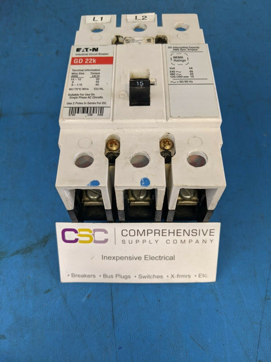 GD3015 - Cutler Hammer 15A Amp 3P Pole 22kA@480V Plug On Circuit Breaker W/Red Label