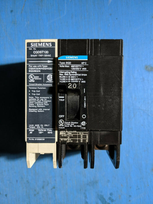 BQD22000S01 - Siemens 20A Amp 2P Pole 14kA@480Y/277V Bolt On Black Circuit Breaker W/120V Shunt Trip