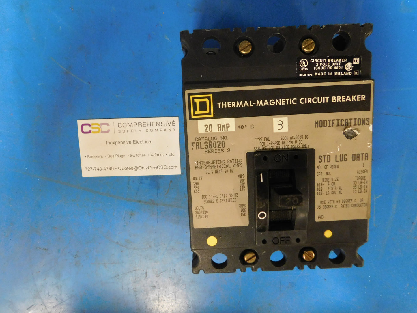 FAL36020 - Square D 20A Amp 3P Pole 600V 18kA@480V Bolt On Circuit Breaker W/Gray Label