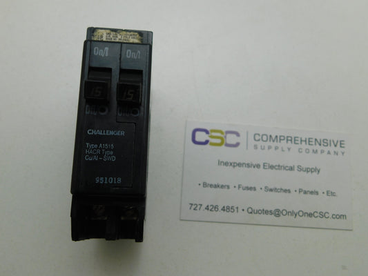 A1515 - Challenger 15/15A Amp 2X1P Pole 10kA@120/240V Plug On Duplex Circuit Breaker W/Clip