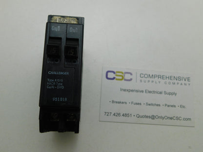 A1515 - Challenger 15/15A Amp 2X1P Pole 10kA@120/240V Plug On Duplex Circuit Breaker W/Clip