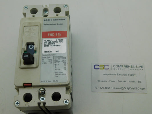 EHD2040 - Eaton 40A Amp 2P Pole 14kA@480V Feed Through Circuit Breaker W/Red Label