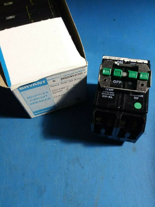 BQ230-230 - Bryant 30/30/30/30A Amp 4P (2P/2P) Pole 10kA@120/240V Plug On Quadplex Circuit Breaker W/Green Handle