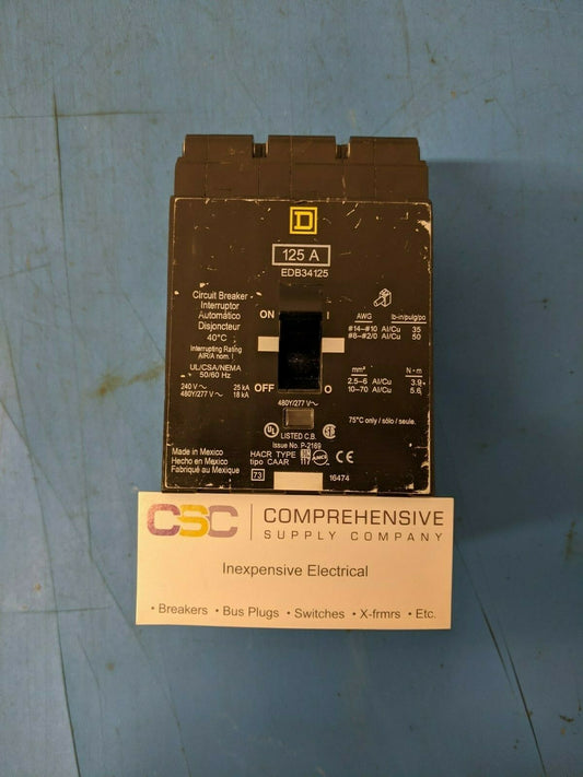EDB34125 - Square D 125A Amp 3P Pole 18kA@480Y/277V Bolt On Circuit Breaker