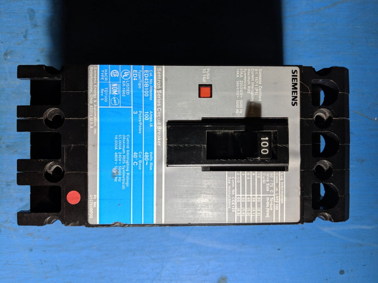 ED43B100 - Siemens 100A Amp 3P Pole 18kA@480V Feed Through Circuit Breaker W/Gray Label