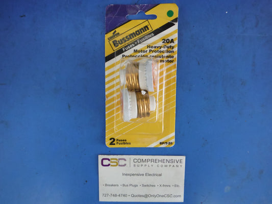 BP-T-20 - Bussmann 20A Amp 125Vac T Plug Time Delay Dual Element Fuses - 2 Pack