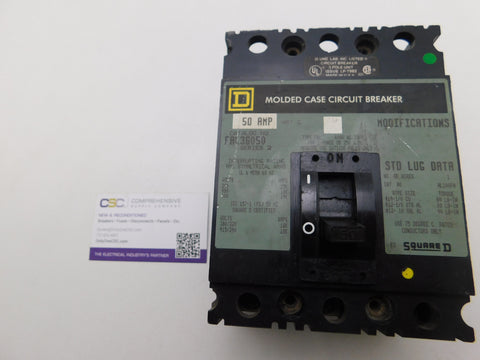 FAL36050 - Square D 50A Amp 3P Pole 600V 14kA@480V Bolt On Circuit Breaker W/Gray Label