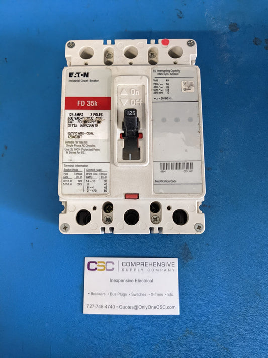 FD3125 - Eaton 125A Amp 3P Pole 600V 35kA@480V Bolt On Circuit Breaker