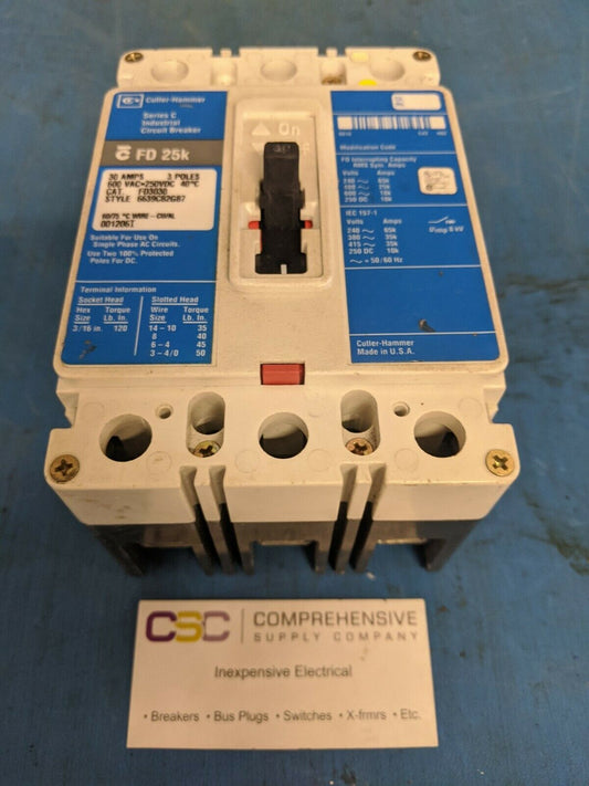 FD3030 - Eaton 30A Amp 3P Pole 600V 35kA@480V Bolt On Circuit Breaker W/Blue Label
