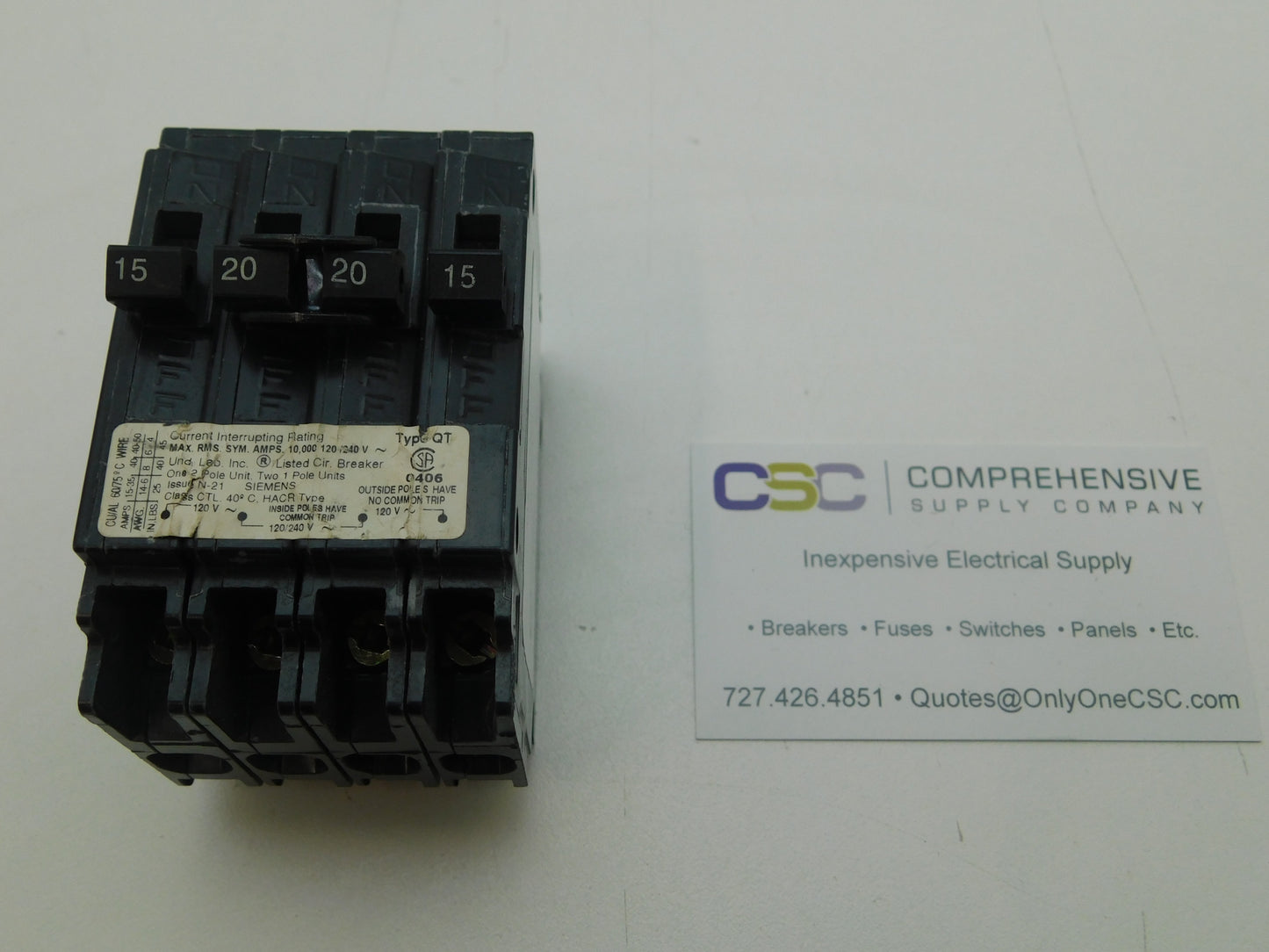 Q21520CT - Siemens 15/20/20/15A Amp 4P (1P/2P/1P) Pole 10kA@120/240V Plug On Triplex Circuit Breaker
