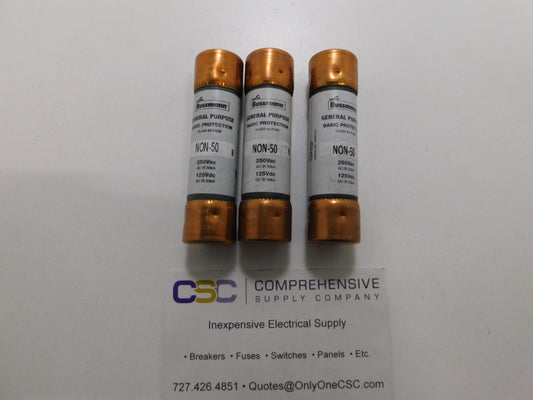 NON50 - Bussmann 50A Amp 250V Class H One-Time Cartridge Fuse - 3 Pack