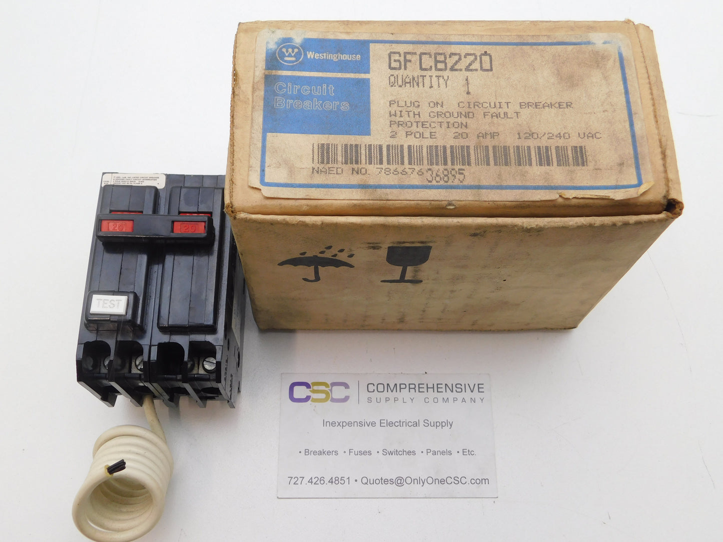 GFCB220 - Westinghouse 20A Amp 2P Pole 10kA@120/240V Plug On Ground Fault GFCI Circuit Breaker W/Red Handle