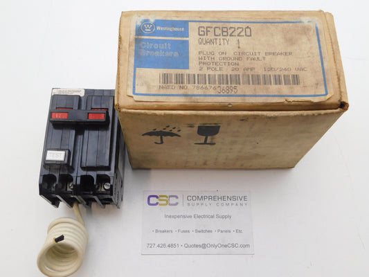 GFCB220 - Westinghouse 20A Amp 2P Pole 10kA@120/240V Plug On Ground Fault GFCI Circuit Breaker W/Red Handle