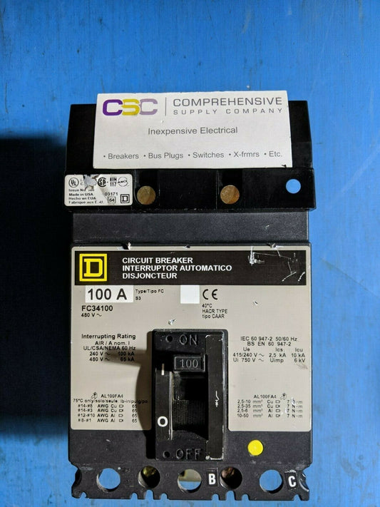 FC34100 - Square D 100A Amp 3P Pole 65kA@480V I-Line Plug On Circuit Breaker W/Gray Label