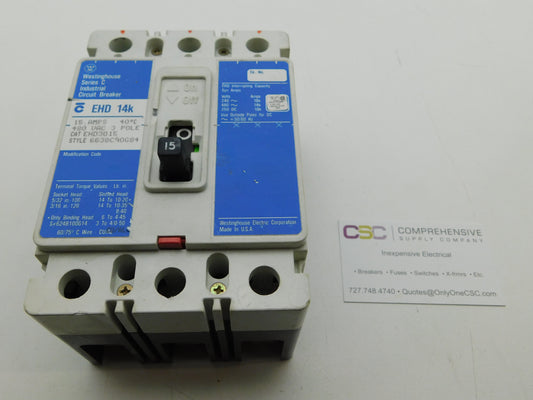 EHD3015 - Westinghouse 15A Amp 3P Pole 14kA@480V Feed Through Circuit Breaker W/Blue Label