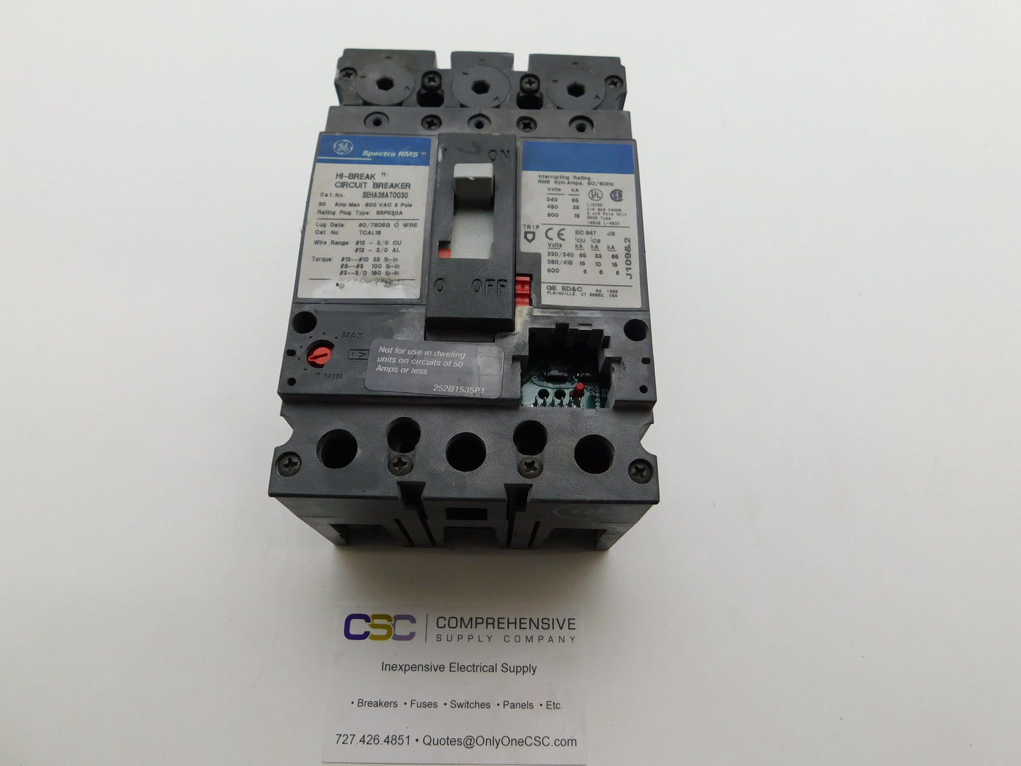 SEHA36AT0030 - GE 30A Amp 3P Pole 600V 25kA@480V Bolt On Circuit Breaker