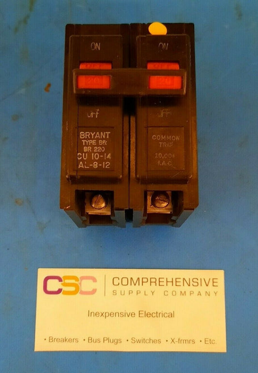BR220 - Bryant 20A Amp 2P Pole 10kA@120/240V Plug On Circuit Breaker W/Red Handle