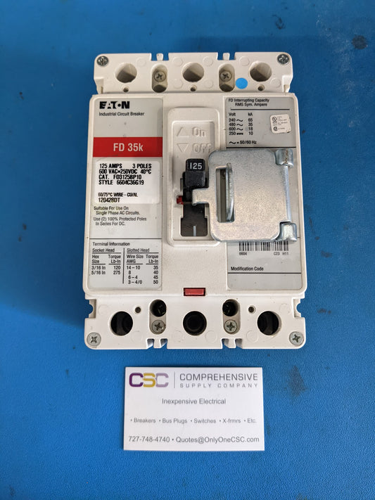 FD3125 - Eaton 125A Amp 3P Pole 600V 35kA@480V Bolt On Circuit Breaker