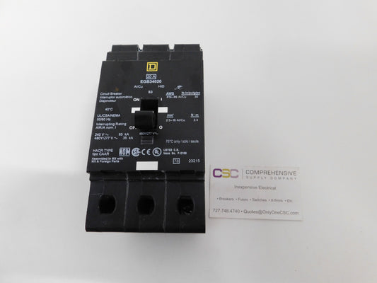 EGB34020 - Square D 20A Amp 3P Pole 35kA@480Y/277V Bolt On Circuit Breaker