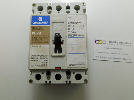CF3070 - Challenger 70A Amp 3P Pole 600V 25kA@480V Bolt On Circuit Breaker