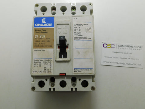 CF3070 - Challenger 70A Amp 3P Pole 600V 25kA@480V Bolt On Circuit Breaker